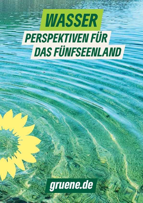 Titelbild der Broschüre "Wasser - Perspektiven für das Fünfseenland"; die Sonnenblume schlägt Wellen in einem seichten Gewässer